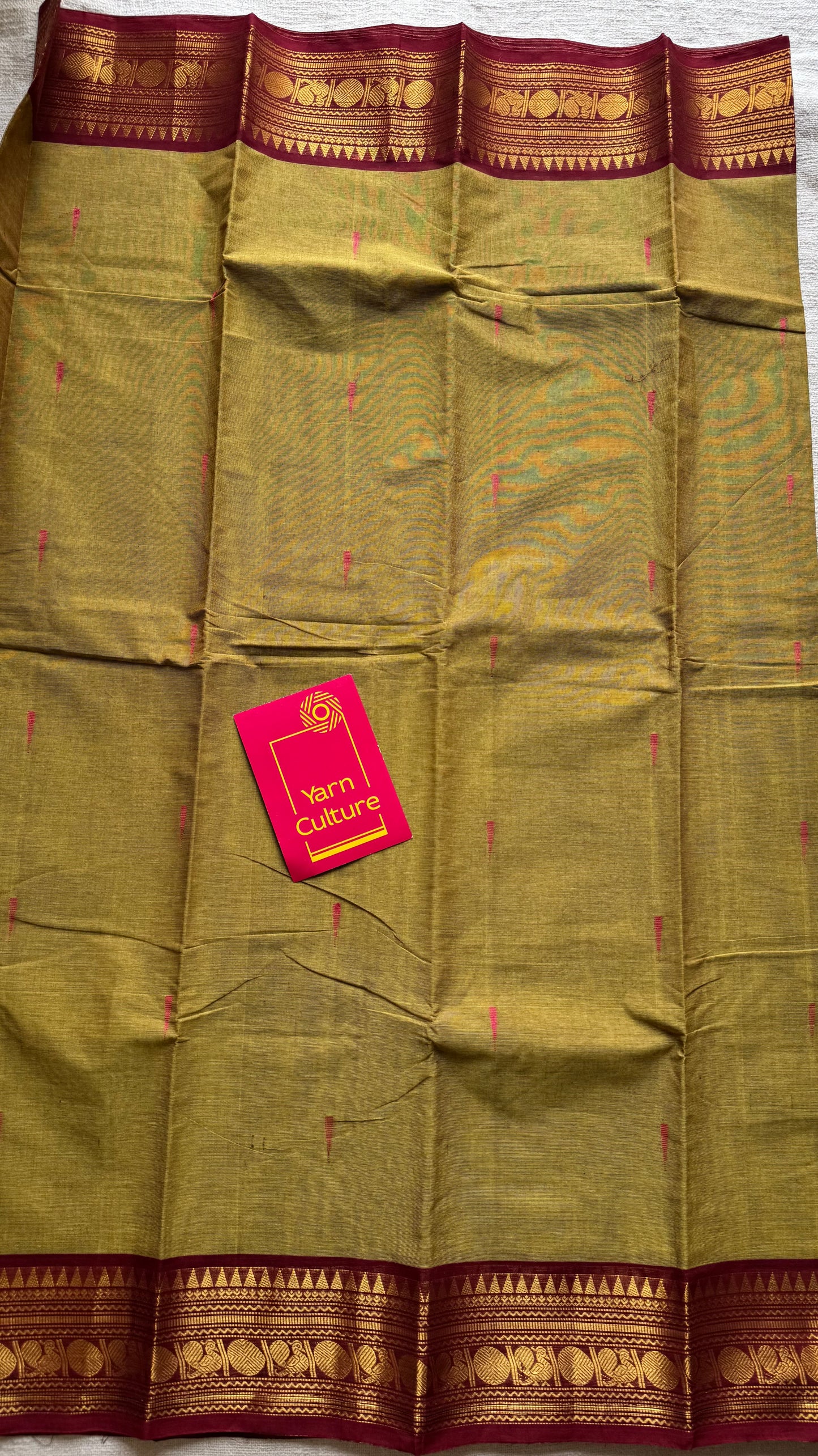 Kanchi cotton saree, parrot green with dark red zari border - YCCOTNAP83