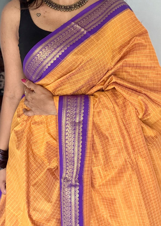 Yellowish orange with purple, checks - cotton silk - YCCOTNOCKC39