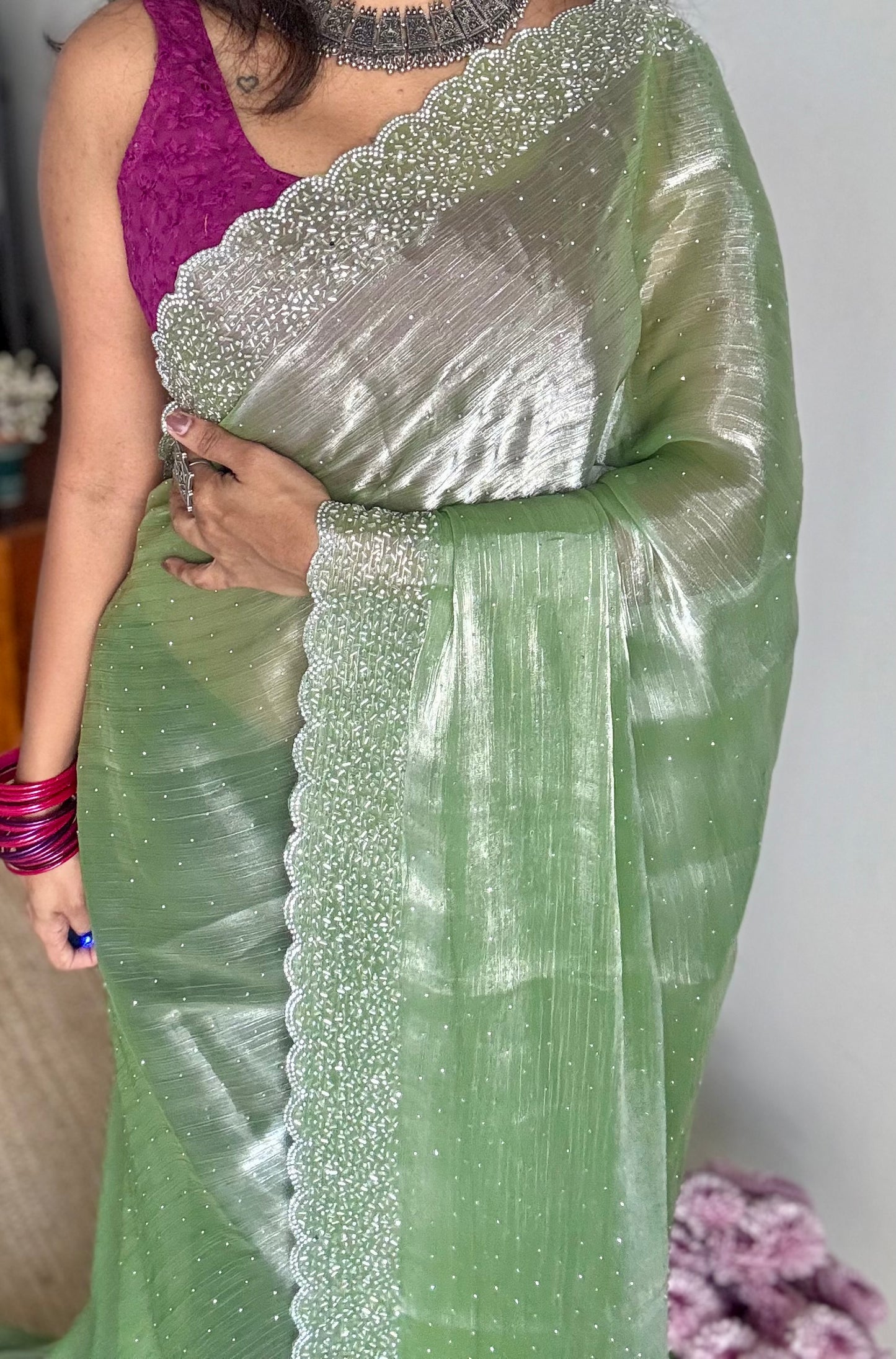 Minty Glimmer - pastel mint green dual tone space silk, jarkhan stone work - YCDOSNO38