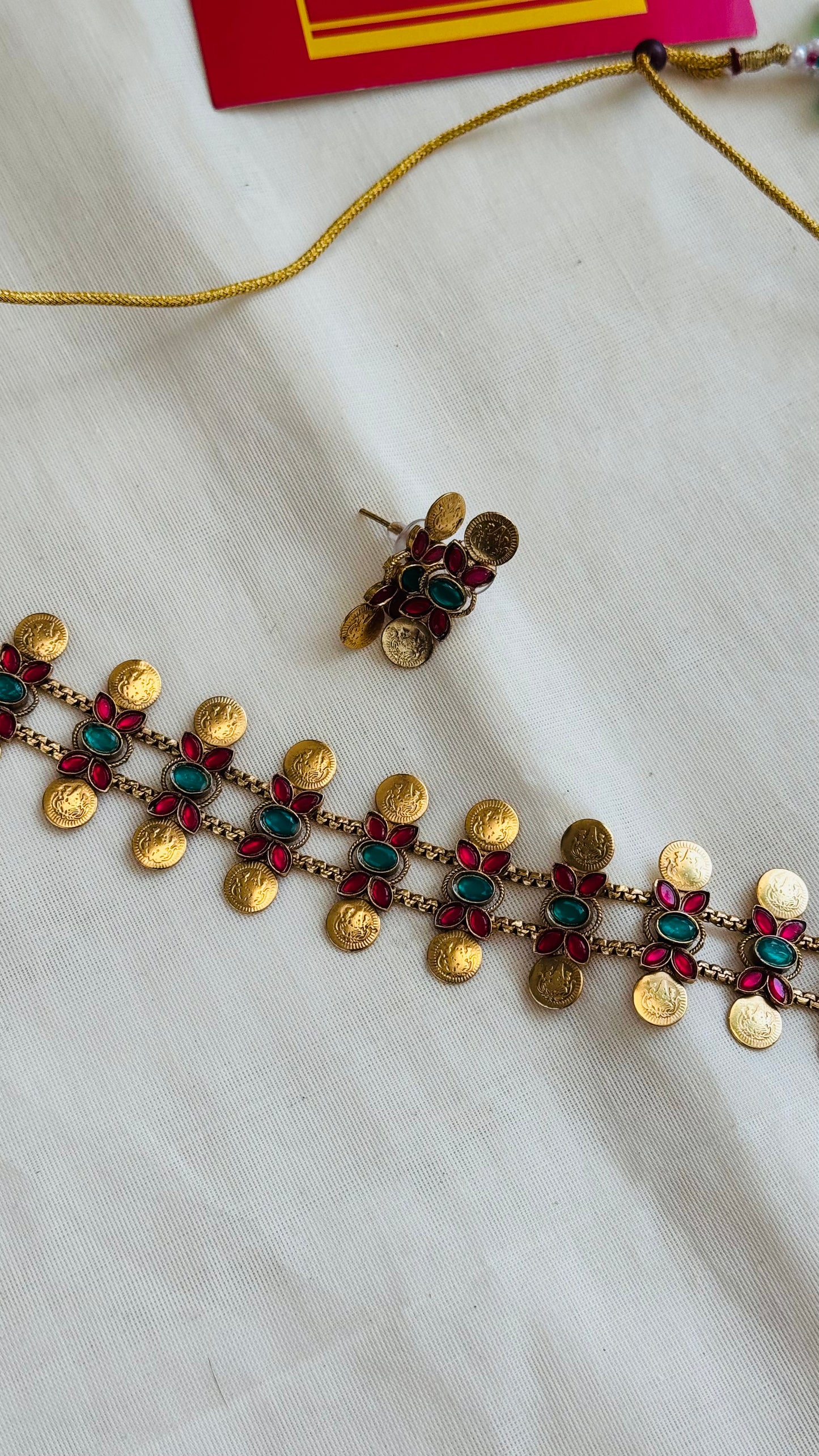 Triple layer coin floral neckpiece, ruby and green stones, with earrings - YCGPNP755