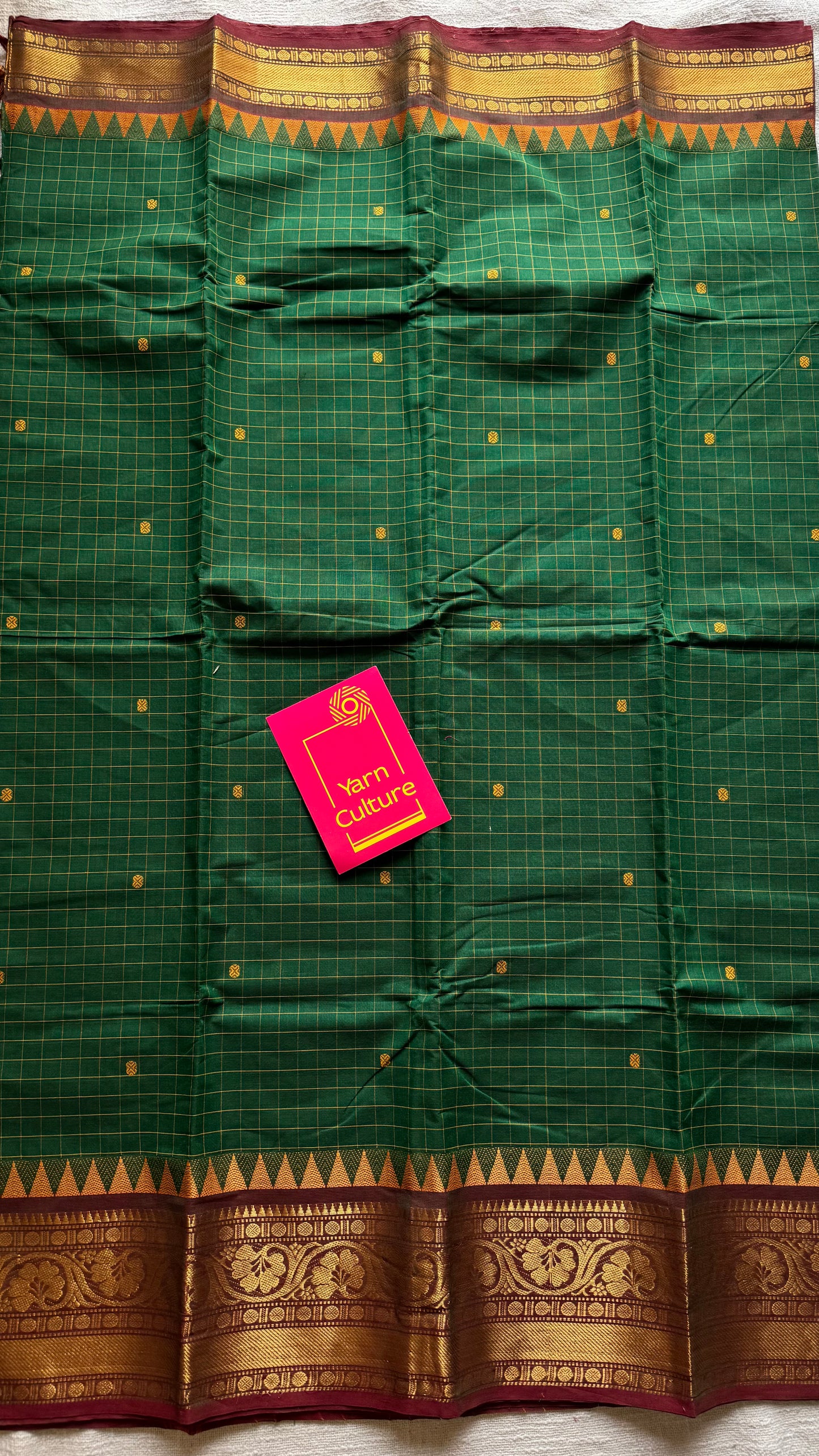 Kanchi cotton saree, green checks with maroon temple motif border - YCCOTNAP78