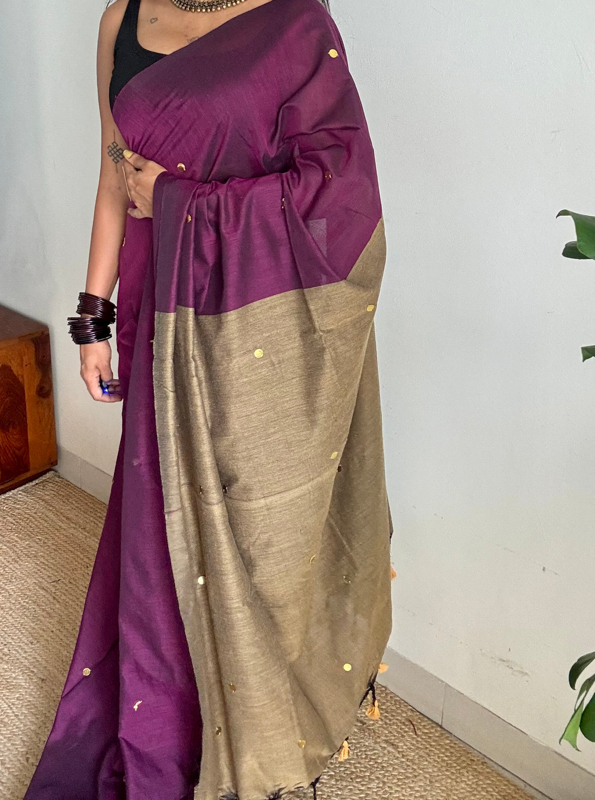 Wine with warm grey contrast pallu, gini sequins, soft cotton saree - YCBCSCOC02