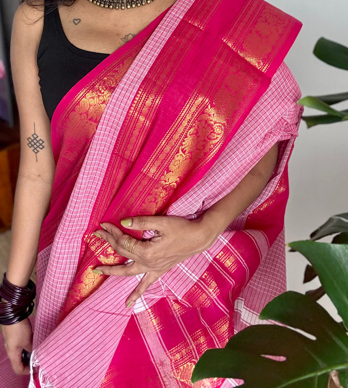 Pink checks with hot pink zari border kanchi cotton saree - YCCOTNCKSE21