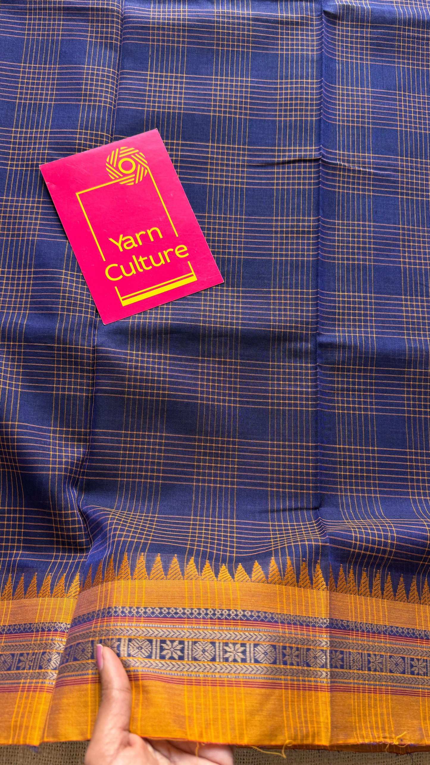 Dark blue checks with yellow border, handloom, soft cotton - YCLOKC219