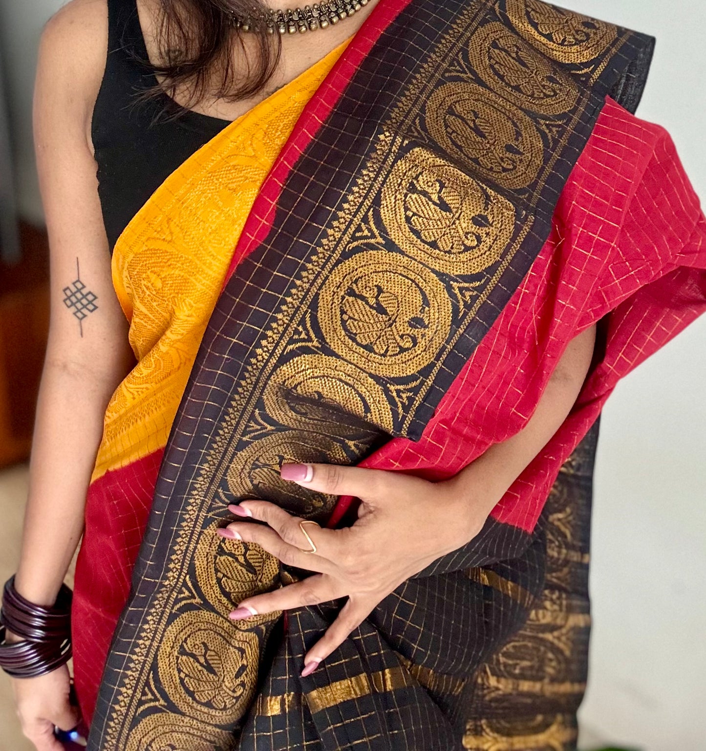 Sungudi cotton checks, red base, yellow and black dual tone border, soft cotton - YCCOTNMSJUL10