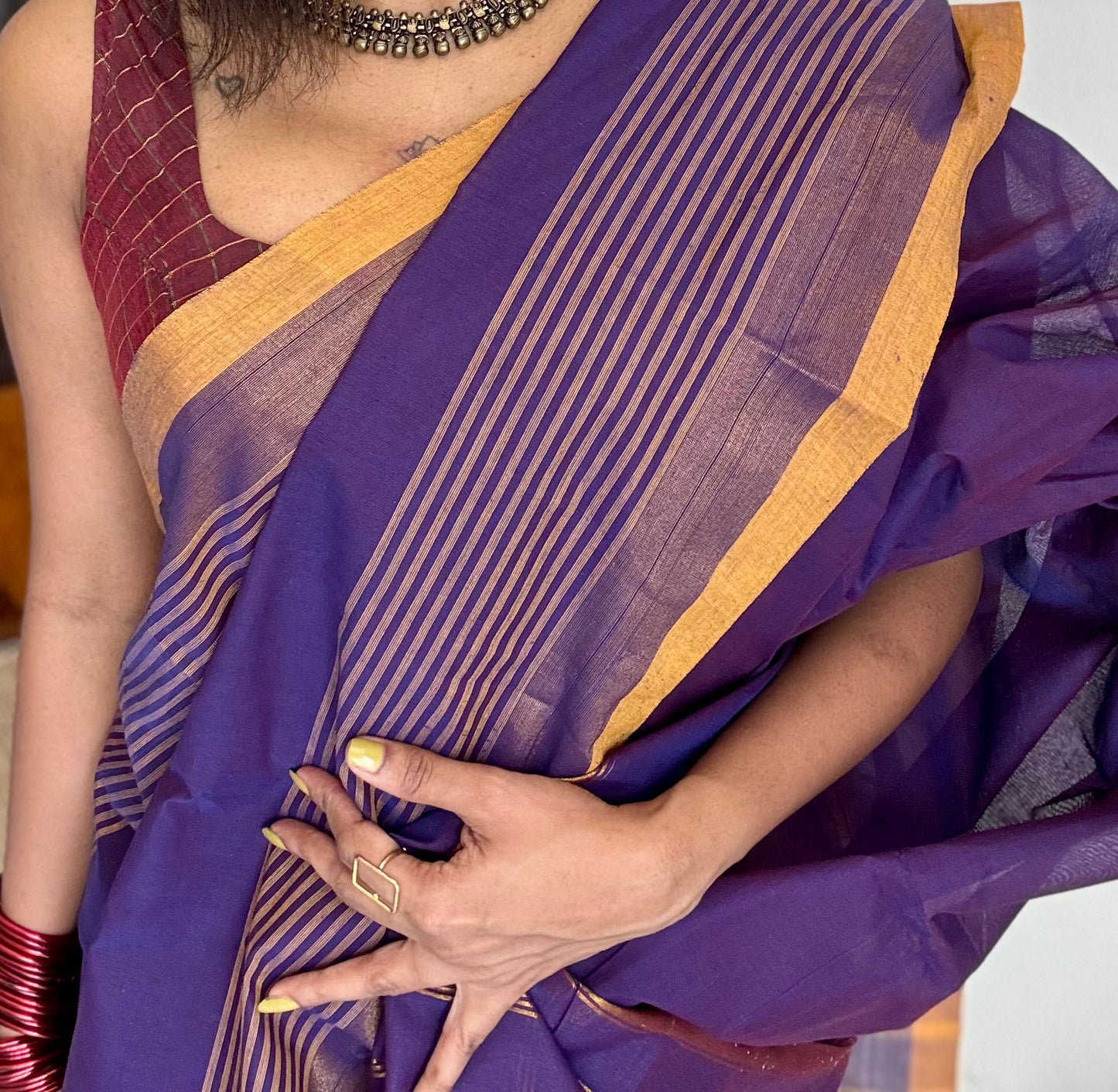 Violet and yellow Chettinad cotton saree with gold striped zari border - YCCOTNCCFE154
