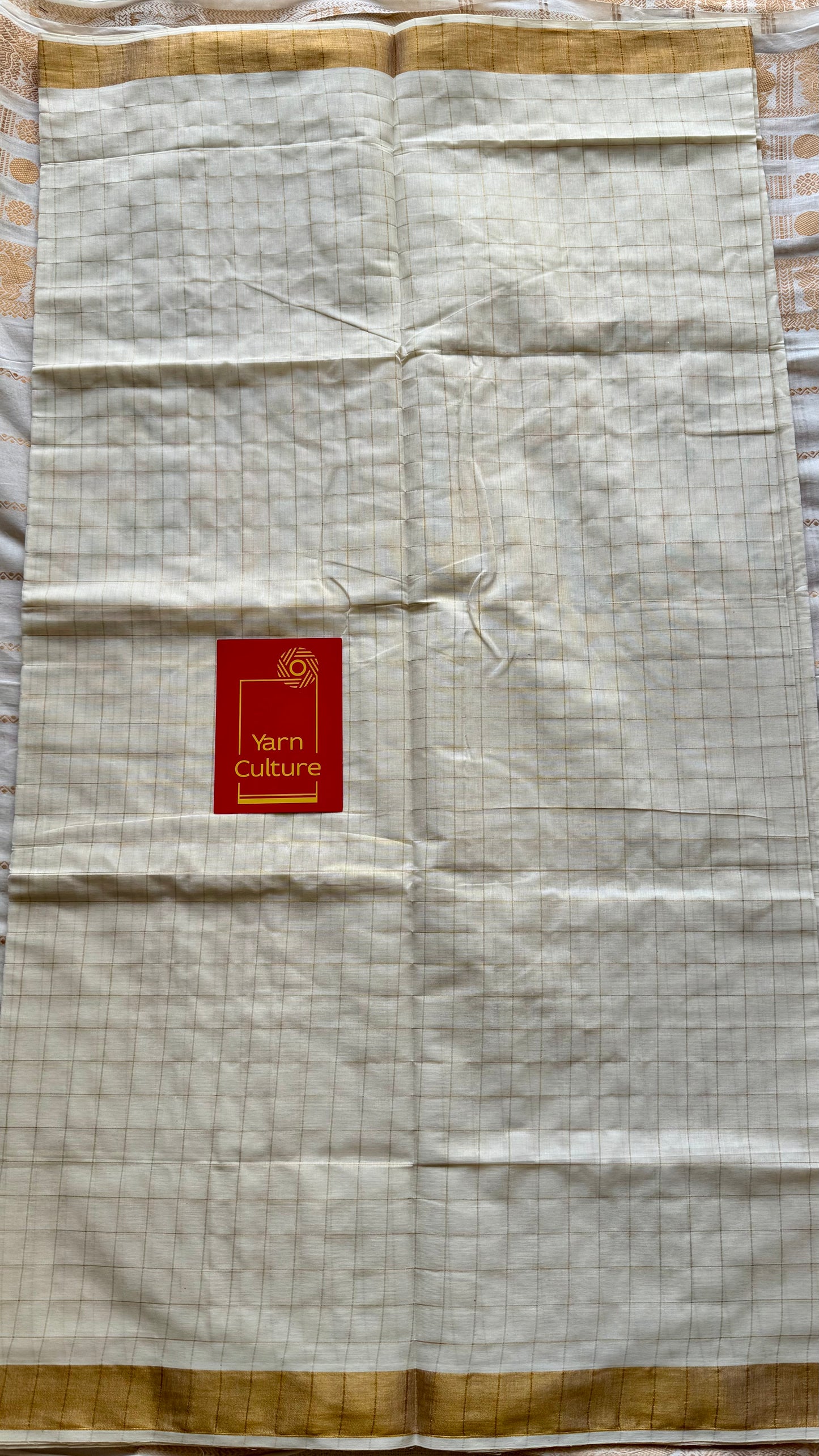 Ivory and gold soft cotton kasavu saree, checks - YCIEON79