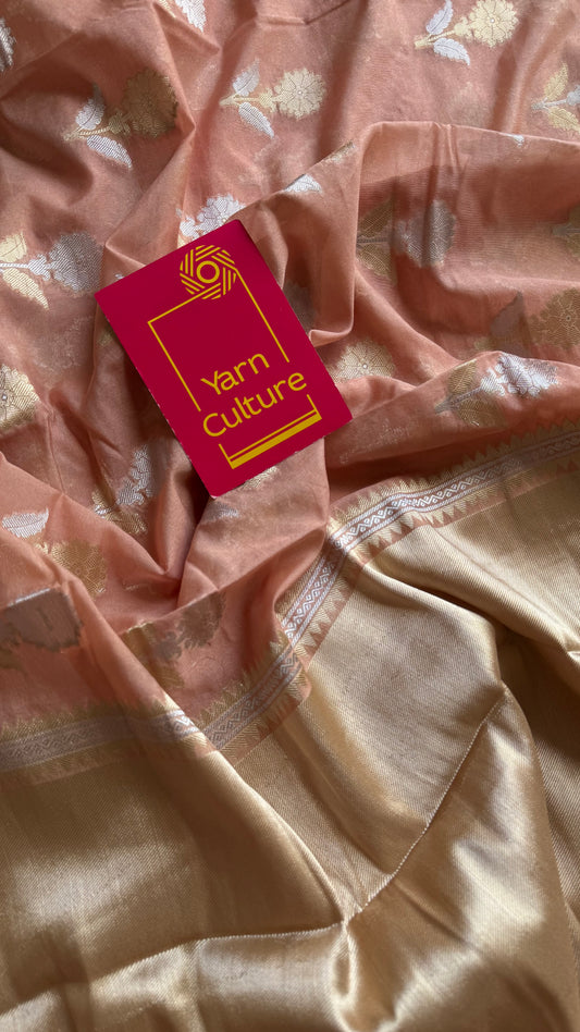 Salmon pink with gold and silver floral buttas, Banarasi semi-crepe silk - YCDESE53