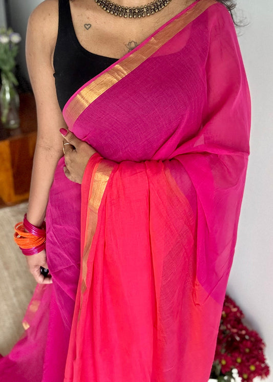 Magenta with dual tone orangish pink mul, thin antique gold zari border- YCBCMCLSE33