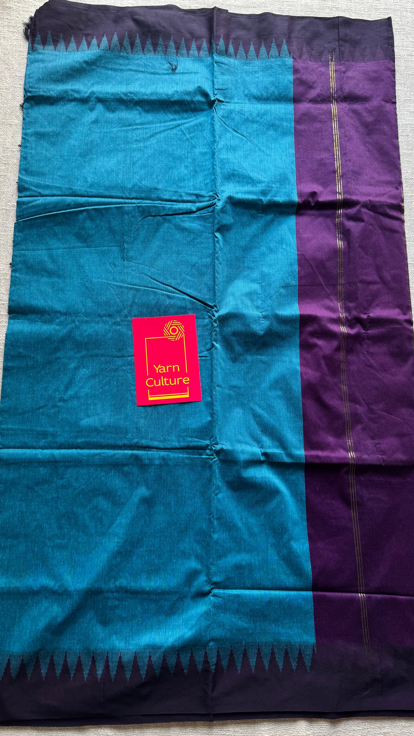 Blue with wine contrast, temple border saree, cotton silk - YCCOTNTBFE58