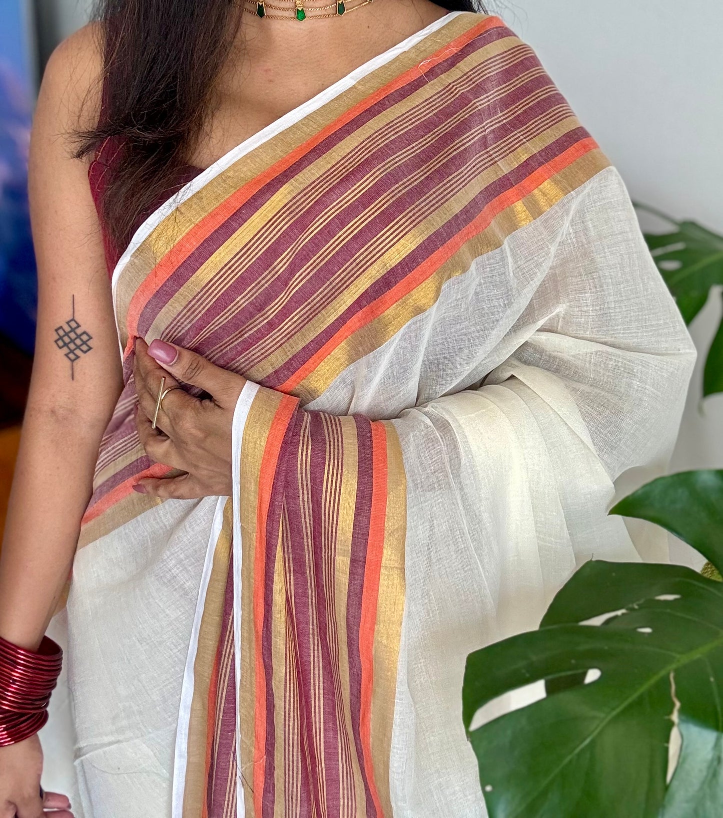 Ivory mul saree, deep maroon, orange, gold zari border - YCIEON02