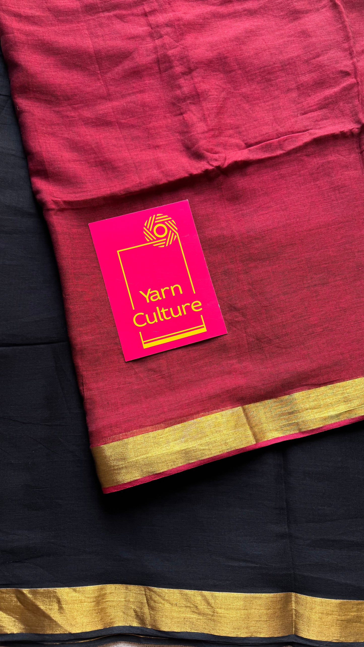 Black with dark red half-half patterned mul with zari border - YCBCMCNO77