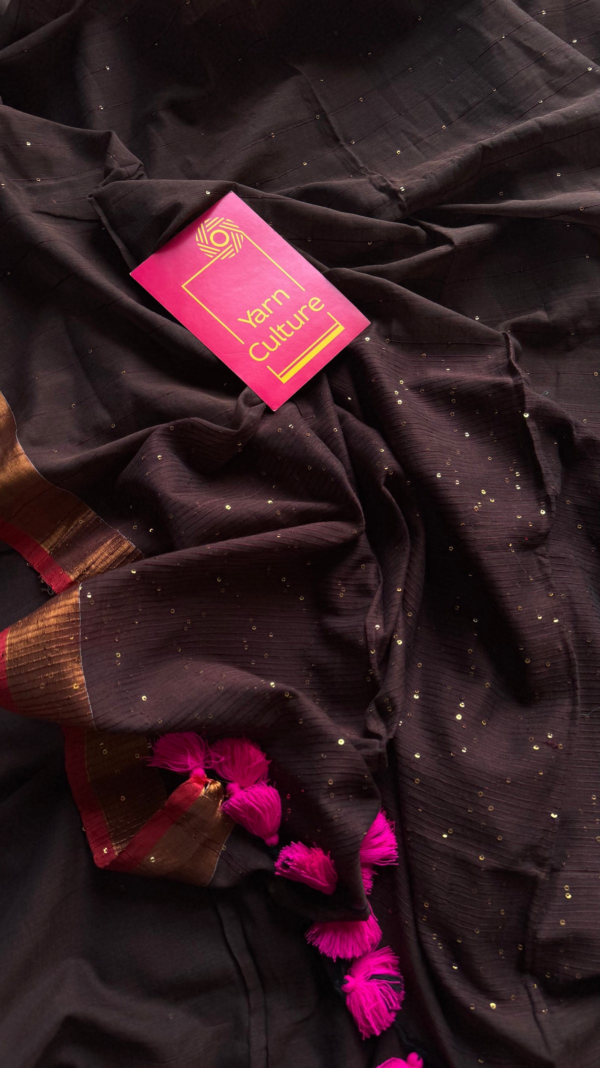Brown mul cotton saree with sequins and zari border - YCBCMCSE33