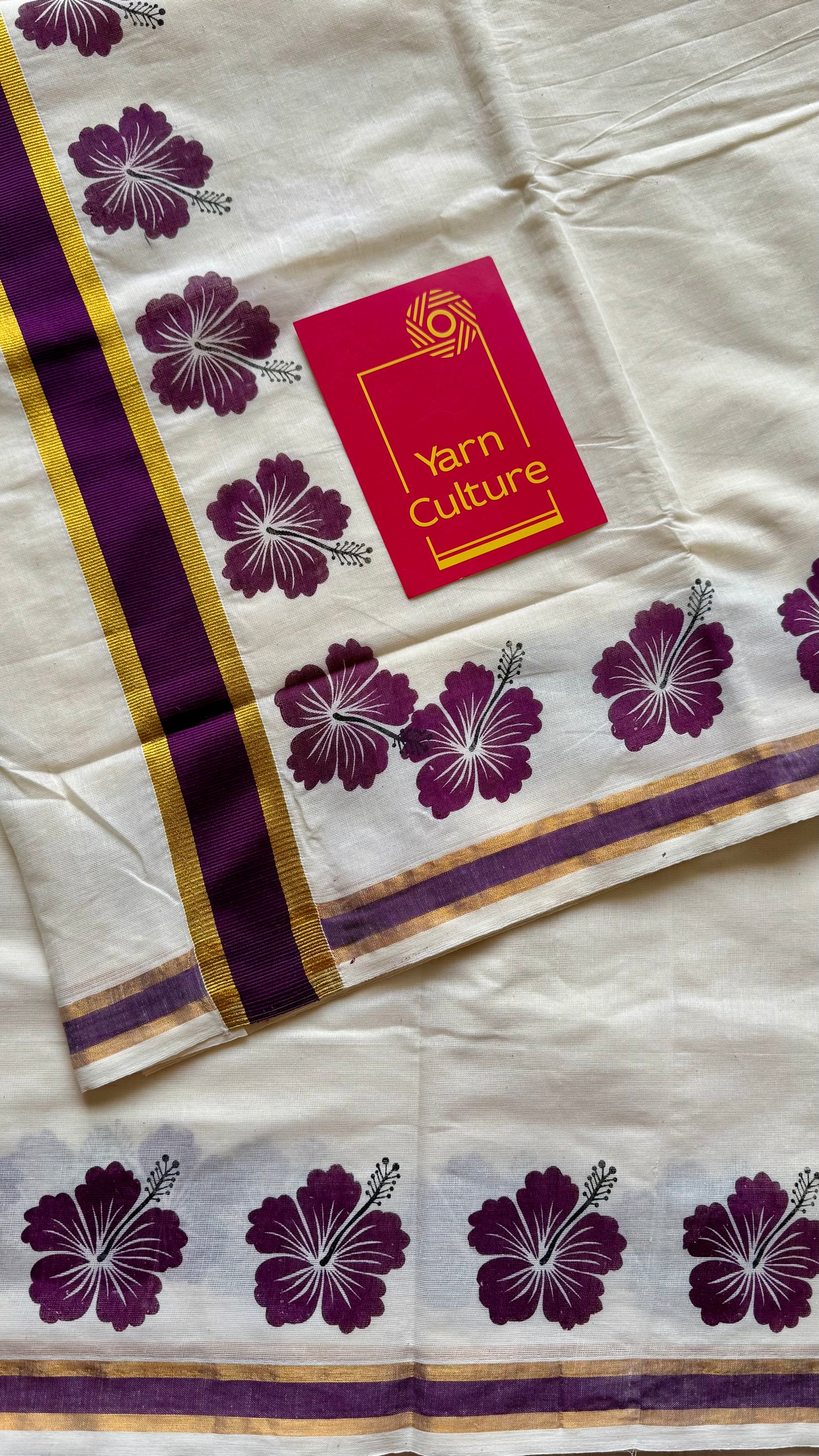 Ivory and gold soft cotton saree, wine hibiscus (chembarathi) flowers - YCIEON63