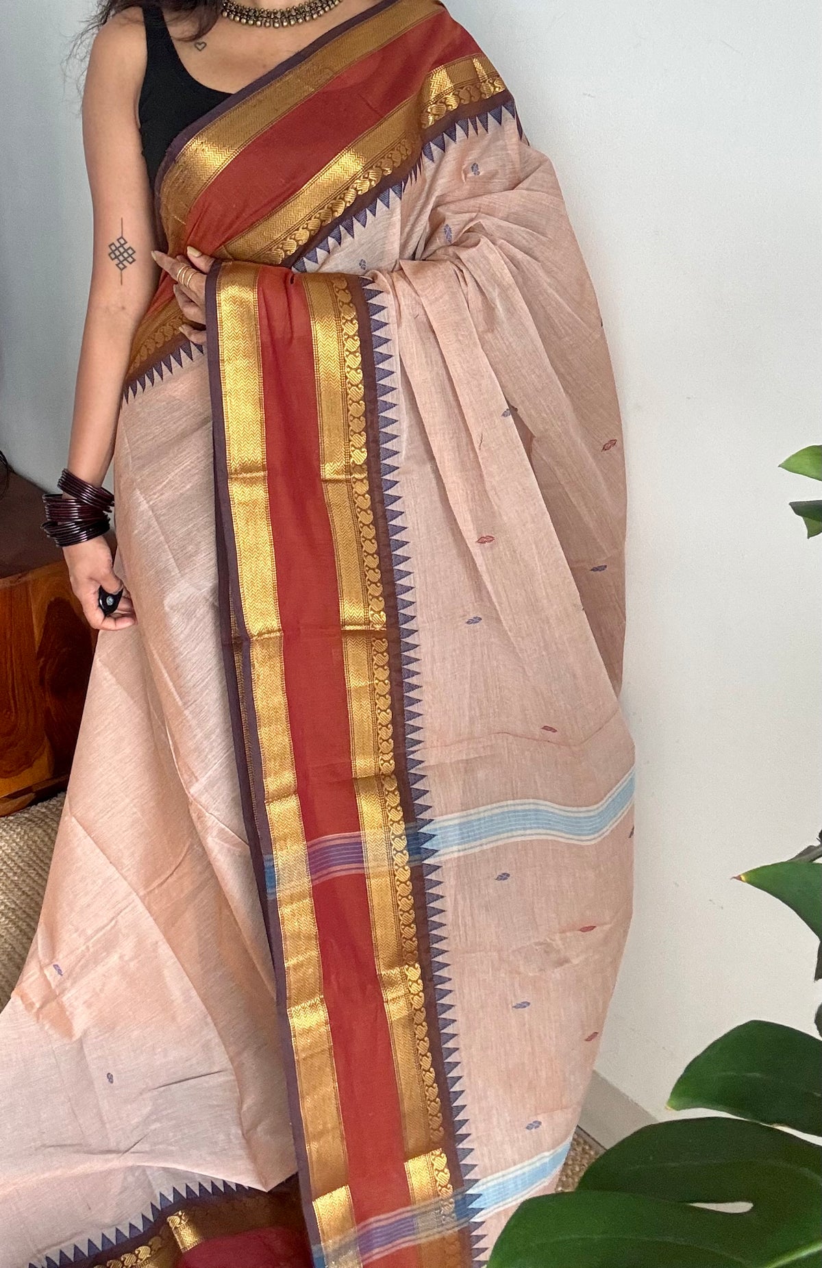 Beige with rust orange and brown zari border kanchi cotton saree - YCCOTNCKSE19