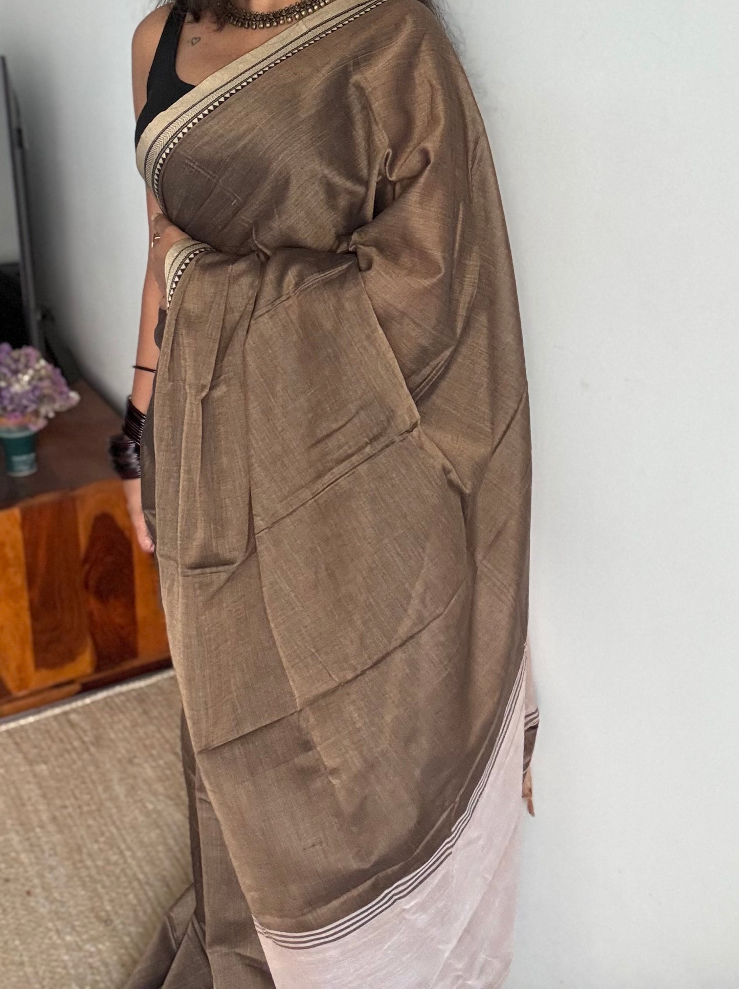 Warm grey with cream border narayanpet saree, soft cotton - YCWOTDNPFE33