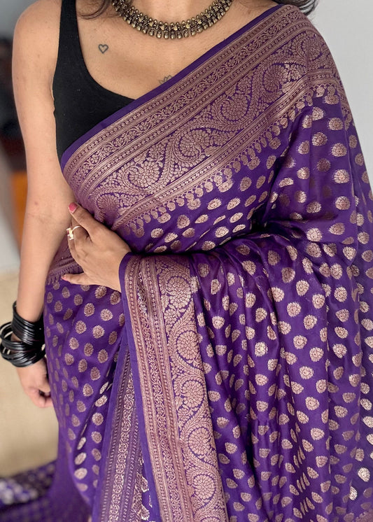 Aubergine -  Dark purple, antique gold zari, Banarasi semi georgette - YCBLFEGAGZ12