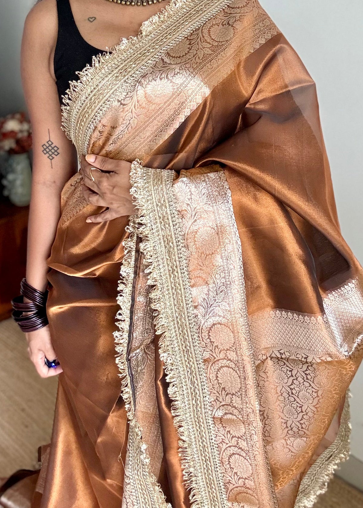 Brown tissue Banarasi saree with embellished gold lace border - YCBLTOC80