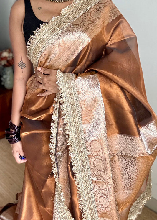 Brown tissue Banarasi saree with embellished gold lace border - YCBLTOC80