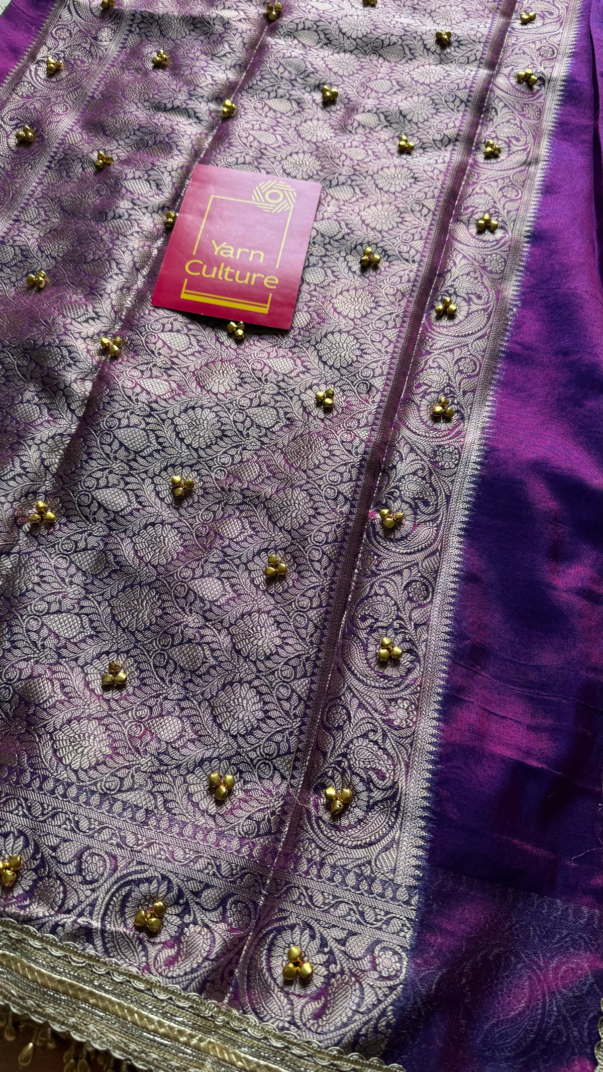 Purple gold tissue Banarasi saree with ghungroo embellishments and beaded lace border - YCBLTOC67