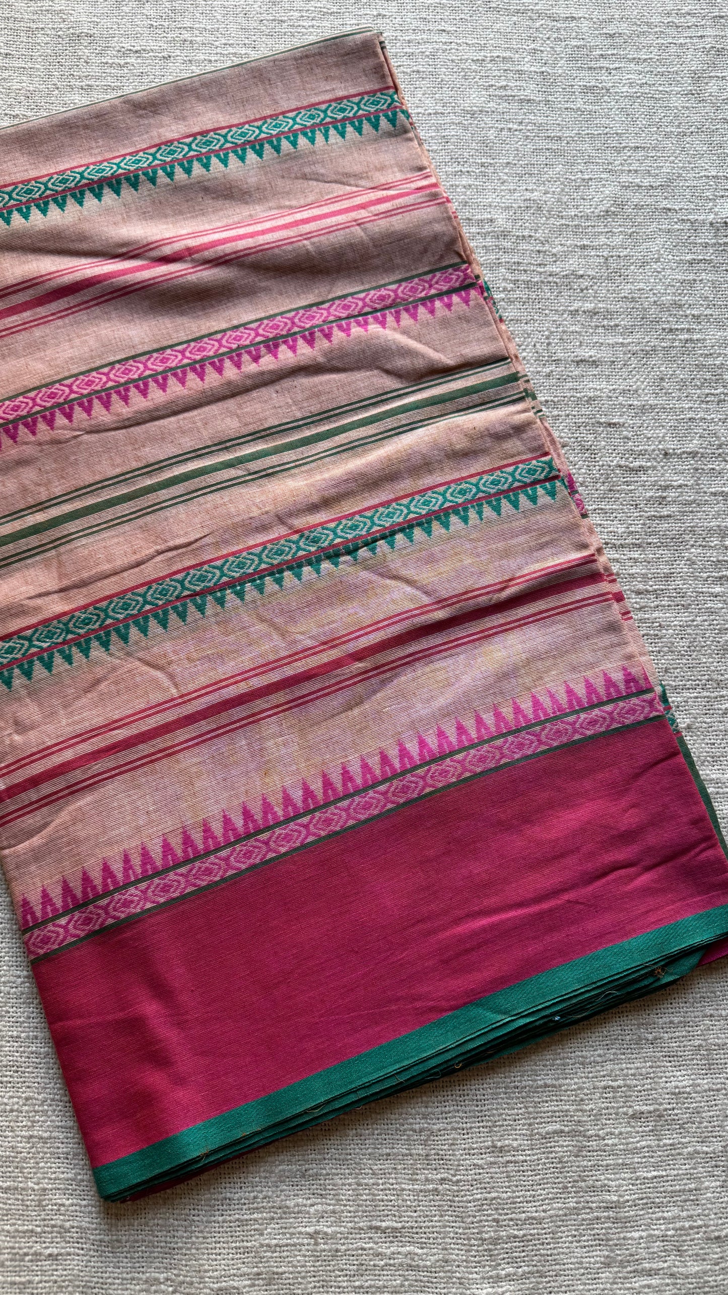Dhonekhali handloom soft cotton saree, salmon pink with bright pink and dark turquoise woven stripes - YCBCDFE266