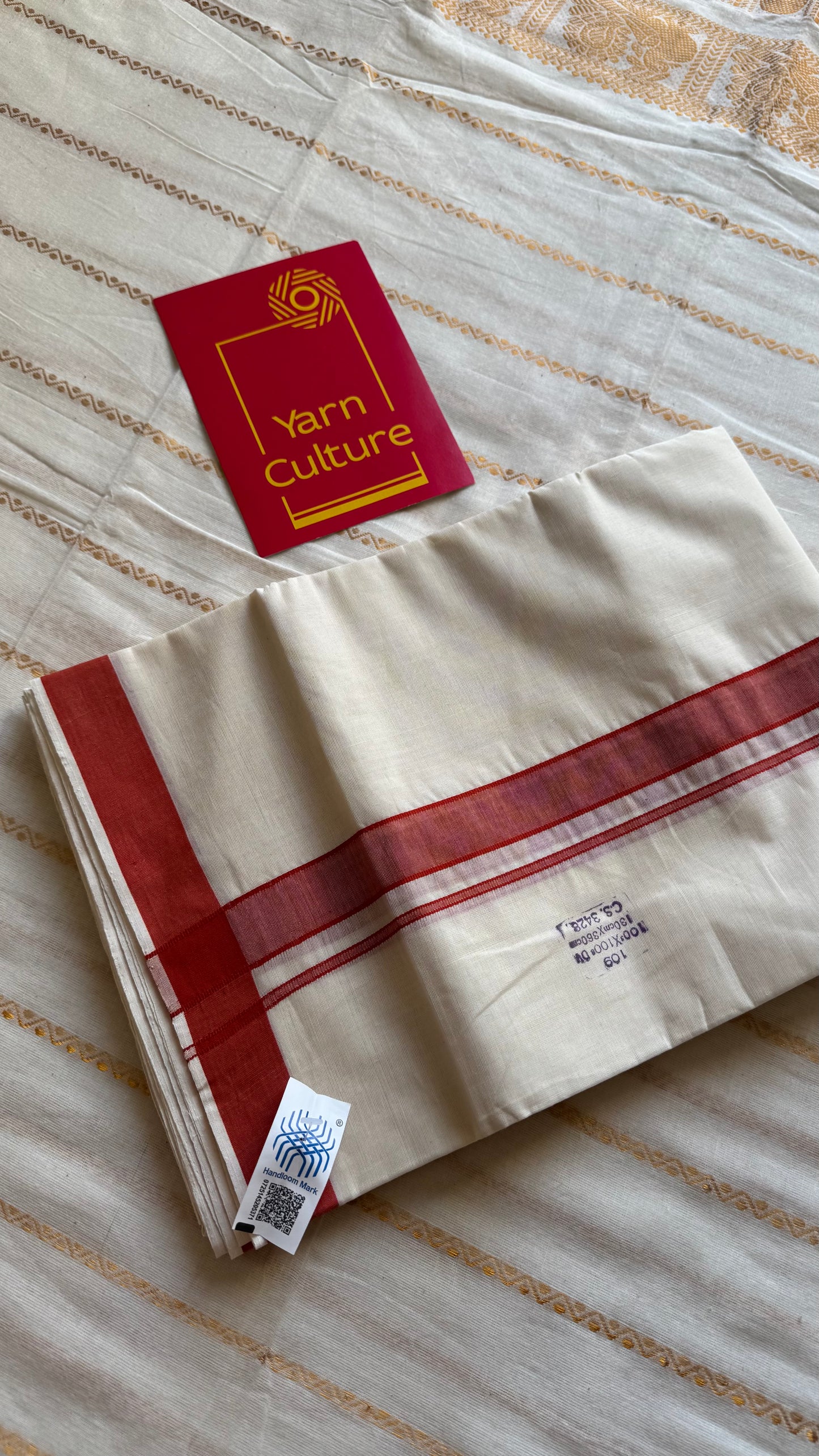 Ivory Chendamangalam Handloom Double Mundu with Red Kara | Soft Cotton Men's Dhoti - YCMSEIE175