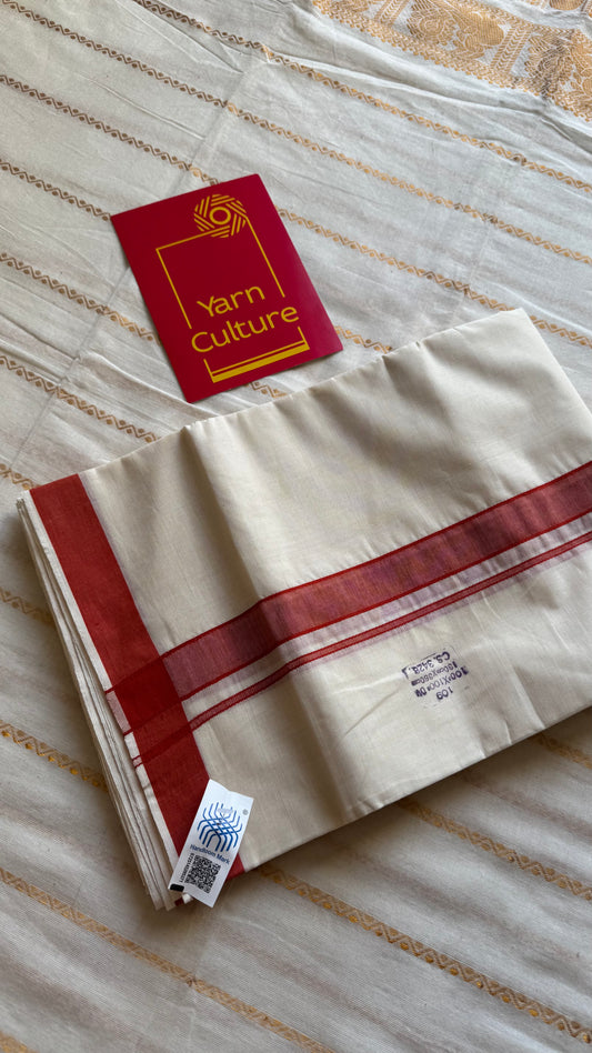 Ivory Chendamangalam Handloom Double Mundu with Red Kara | Soft Cotton Men's Dhoti - YCMSEIE175