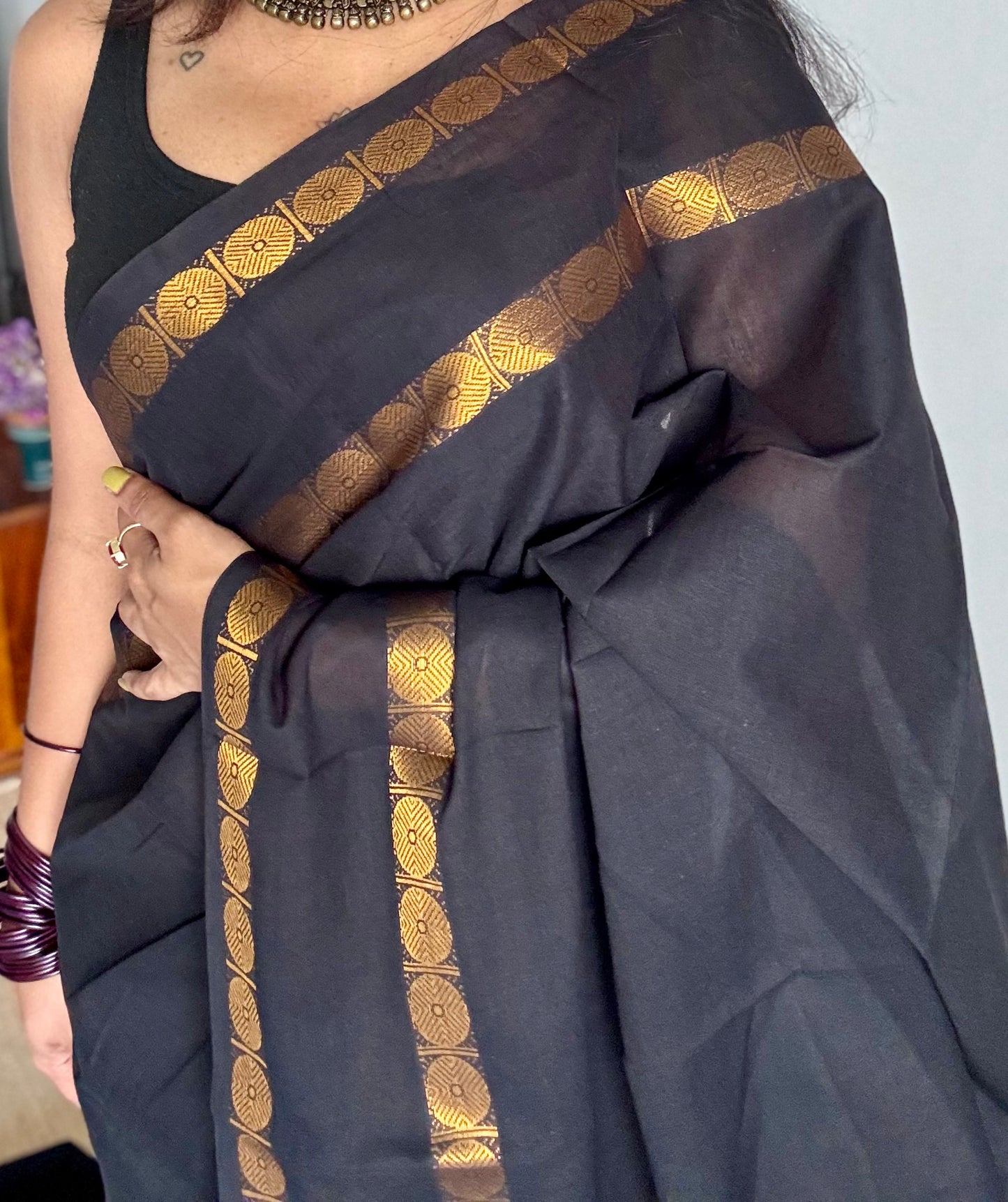 Black with round motif gap border, kattuchayam dyed madurai cotton saree - YCCOTNMSFE113