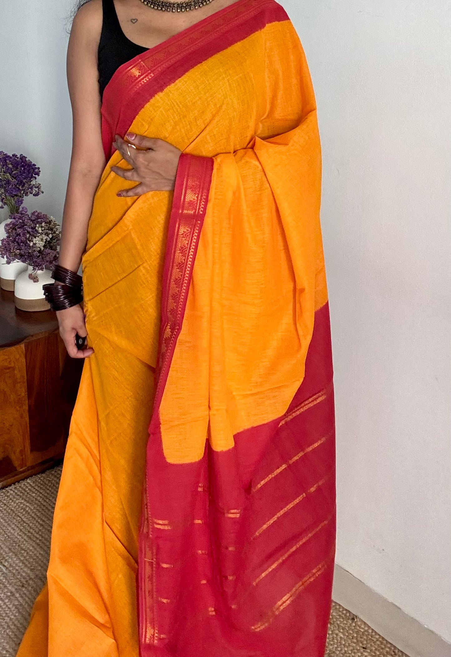 Yellow with red contrast, kattuchayam dyed madurai cotton saree - YCCOTNMA241