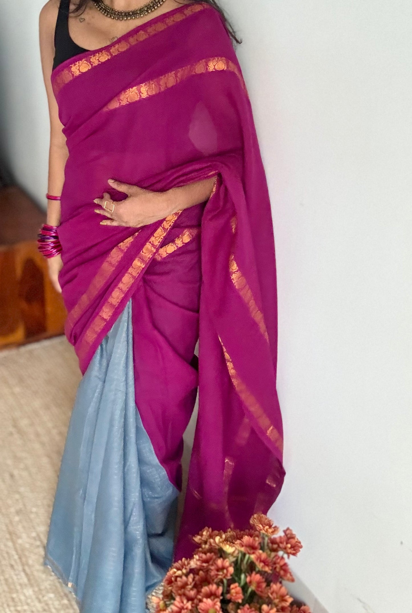 Mallinila (மல்லிநிலா): vaadamalli purple pink with grey, sungudi cotton - YCENOID13