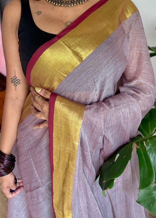 Grey mul cotton saree with zari stripes and maroon highlighted border - YCBCMCSE35