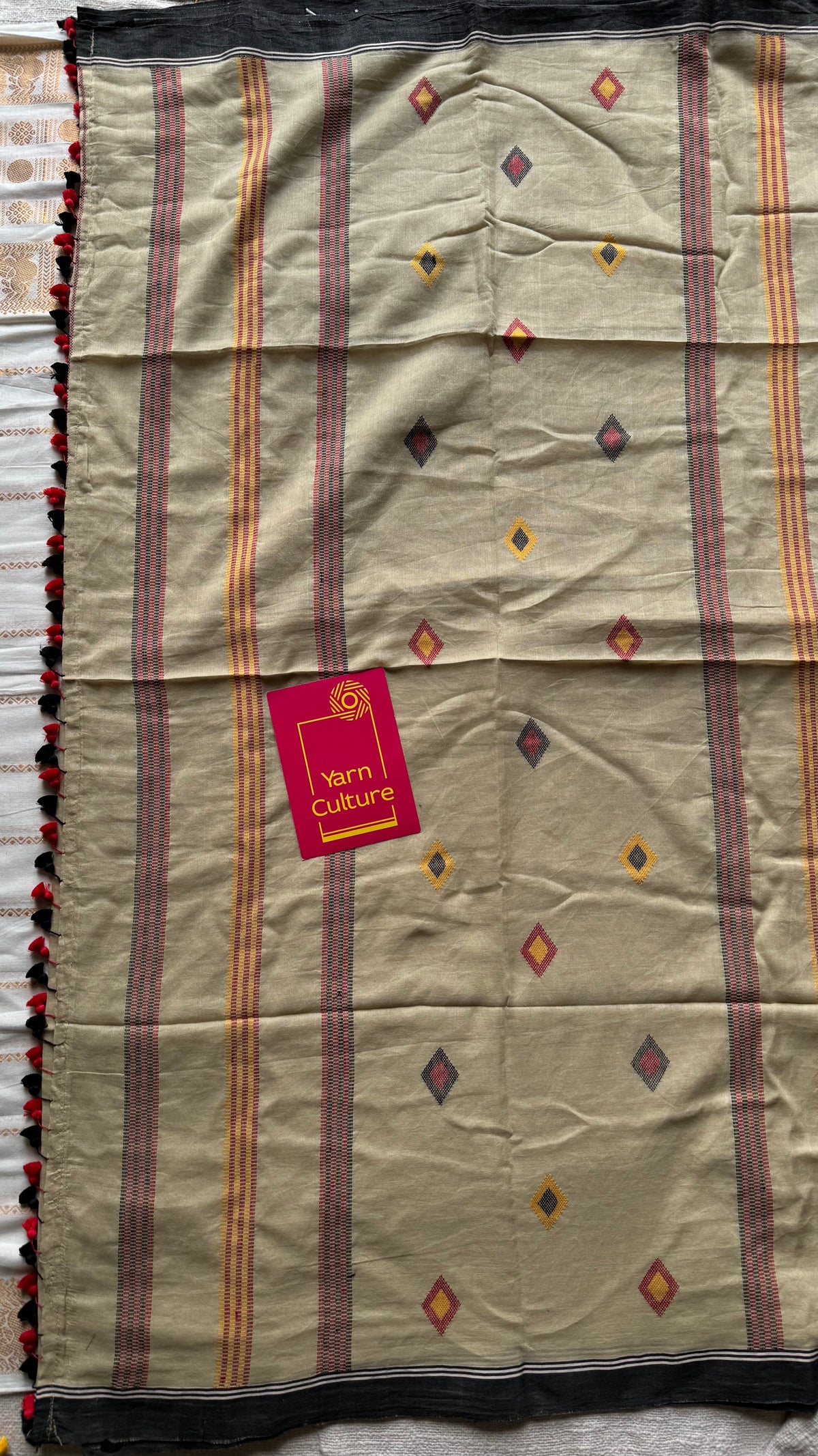 Handloom Bengal soft cotton saree, beige with woven buttas and black borders - YCBCMCSE39