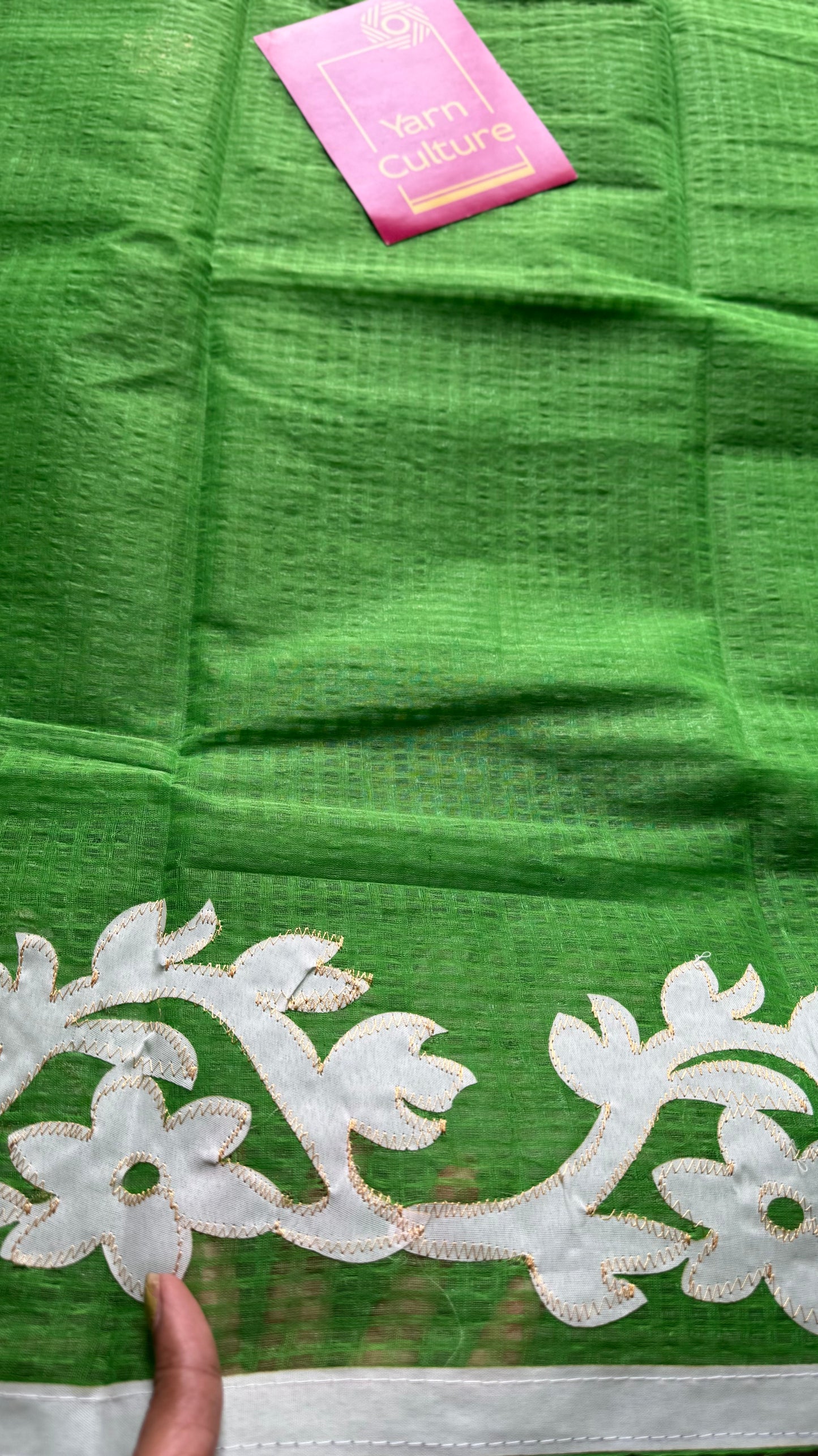 Khatta Kairi - green kota saree with white floral cut work - YCTORKDAP15