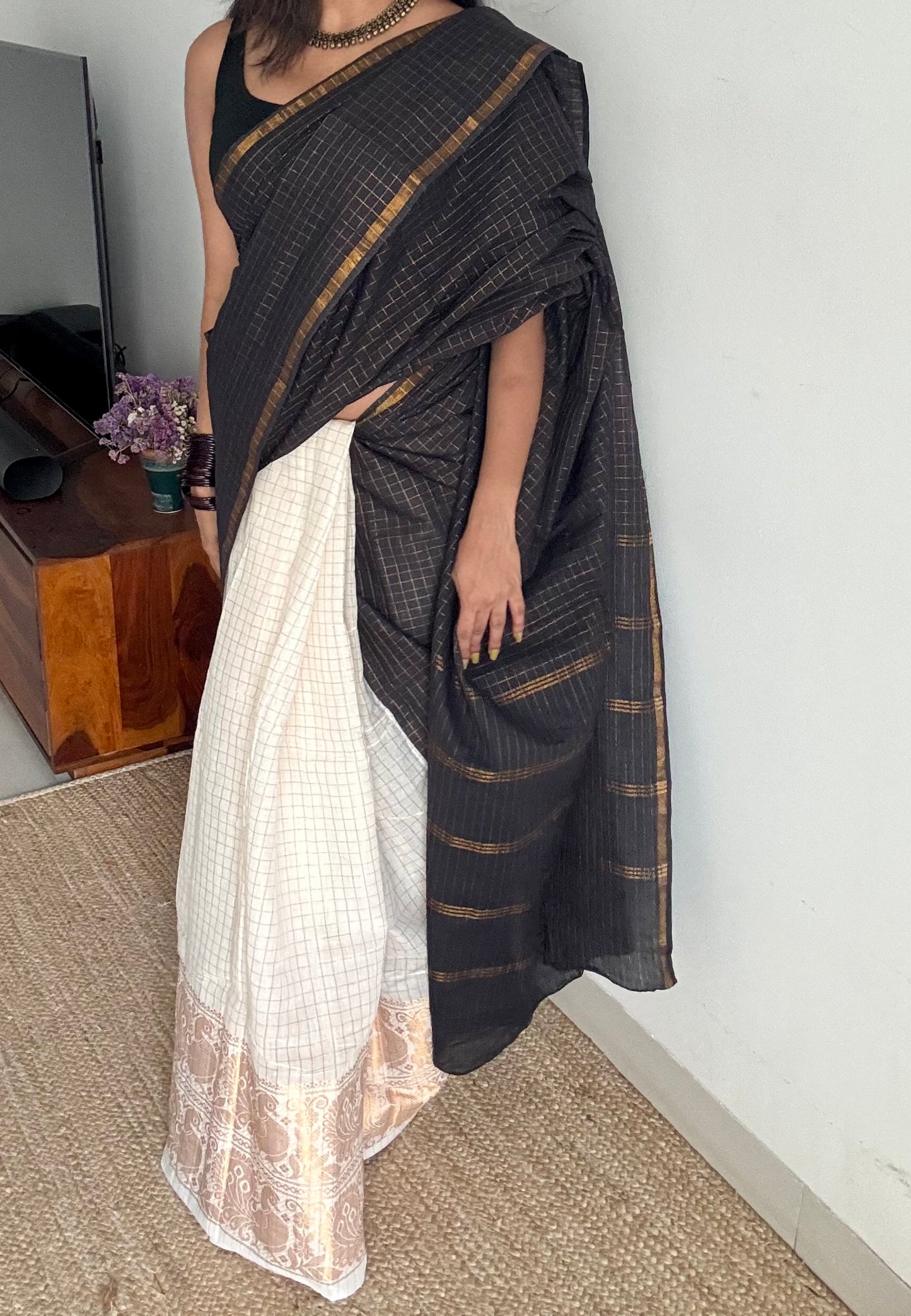Black with ivory, sungudi cotton half-half saree - YCCOTNMSFE347