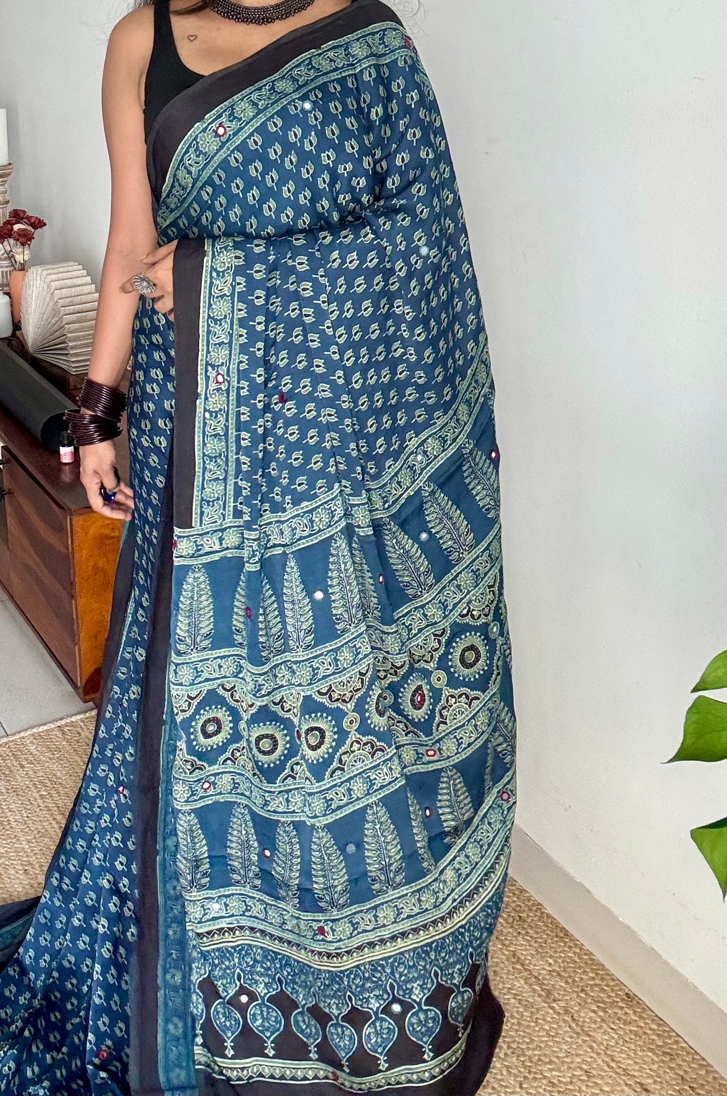 Indigo pure modal silk saree with ajrakh handblock print and mirror work - YCTOKAJM339