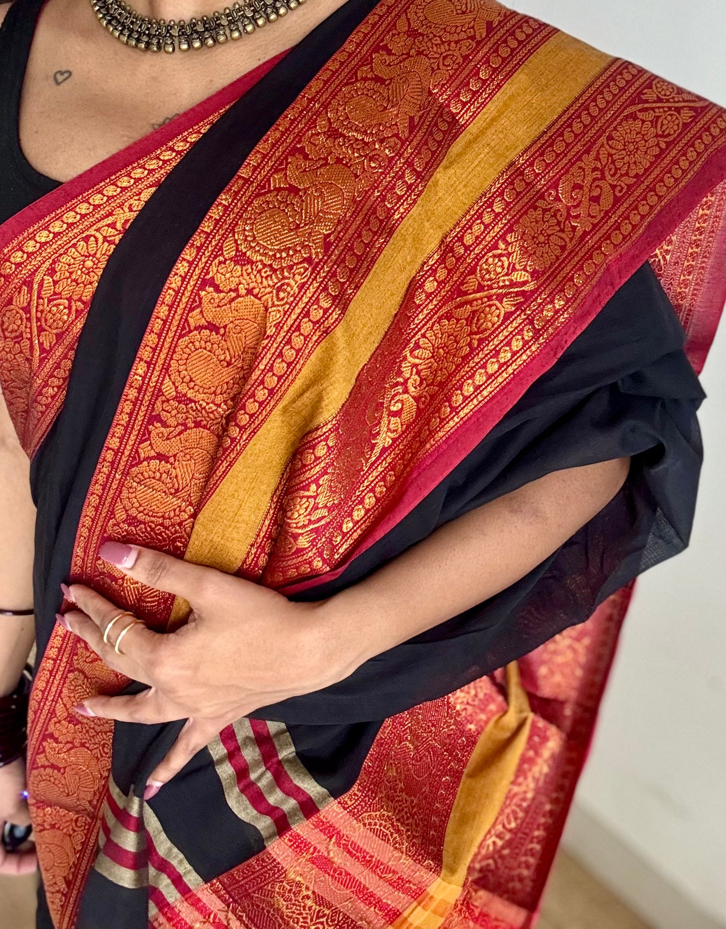 Black with red wide border, narayanpet soft cotton saree - YCWOTDAUG06