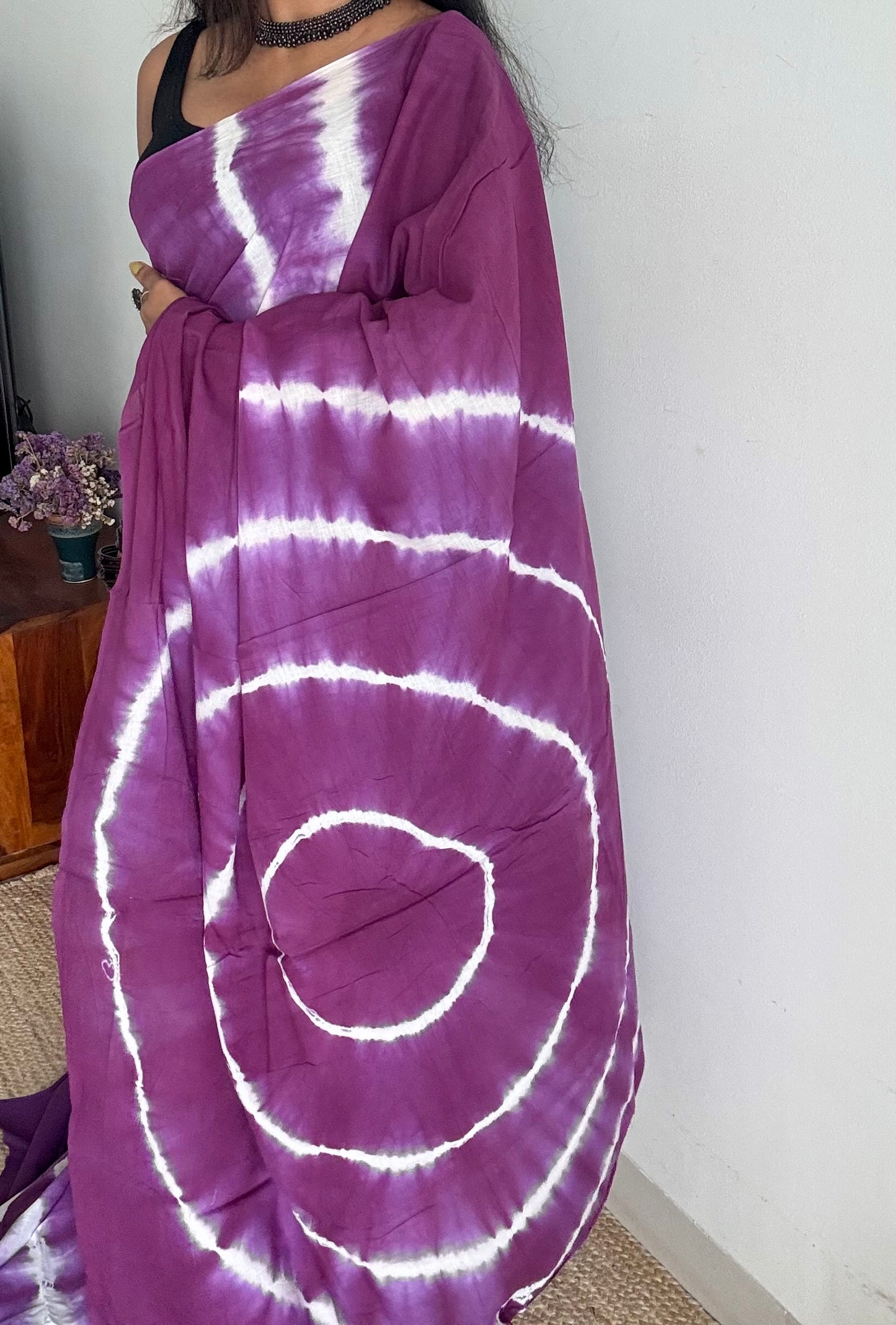 Purple with white tie and dye pattern, soft cotton saree - YCTORCMA04