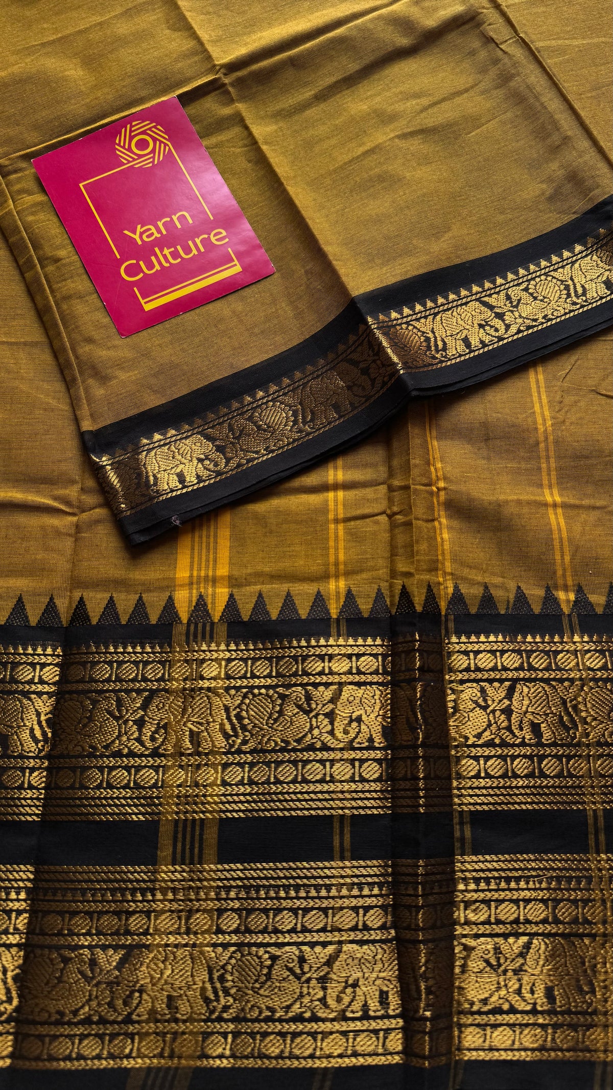 Ginger yellow with black long zari border, kanchi cotton saree - YCCOTNCCOC114