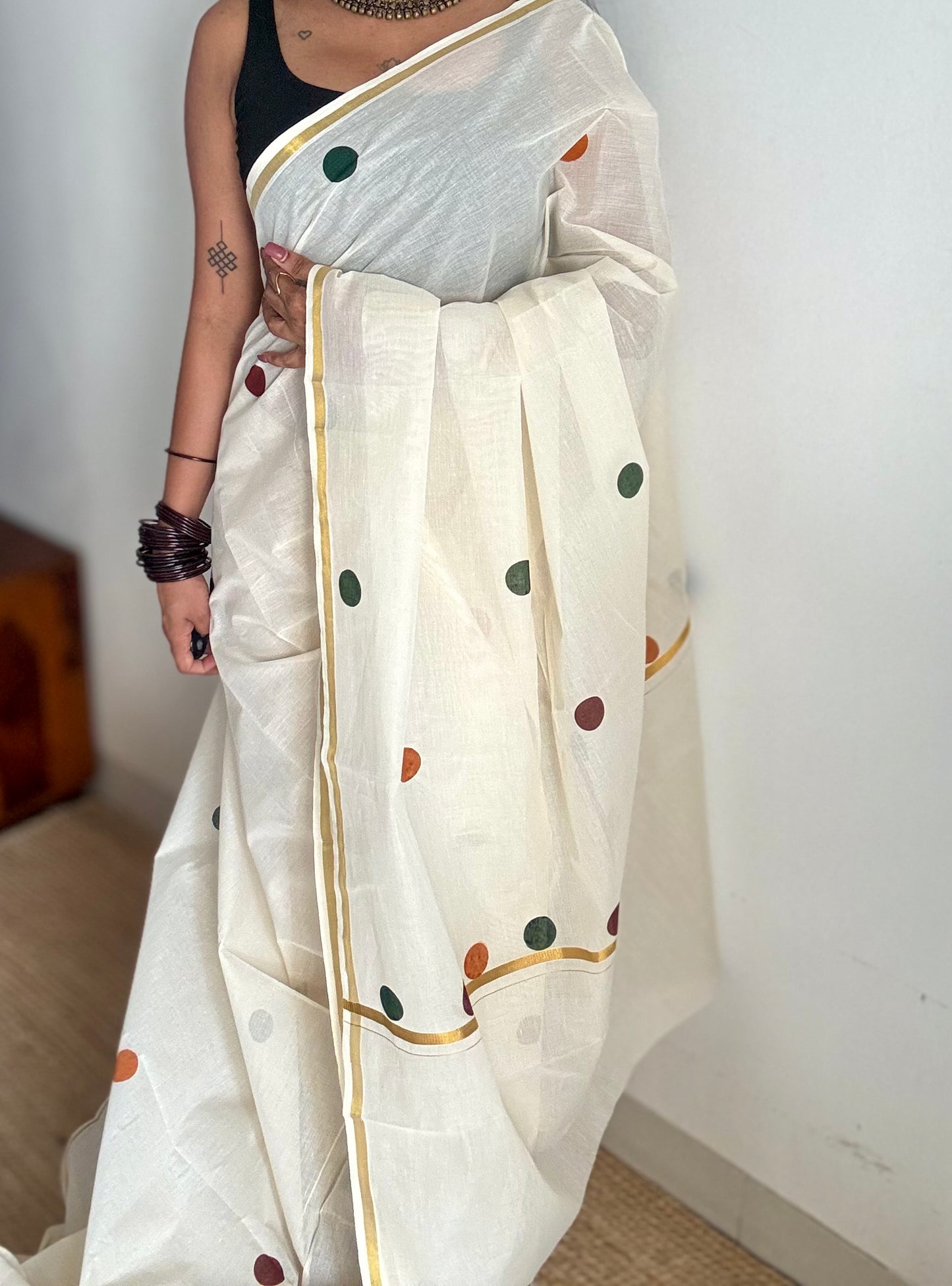 Ivory and gold soft cotton thin border kasavu saree, maroon, green and mustard polka - YCIEON74