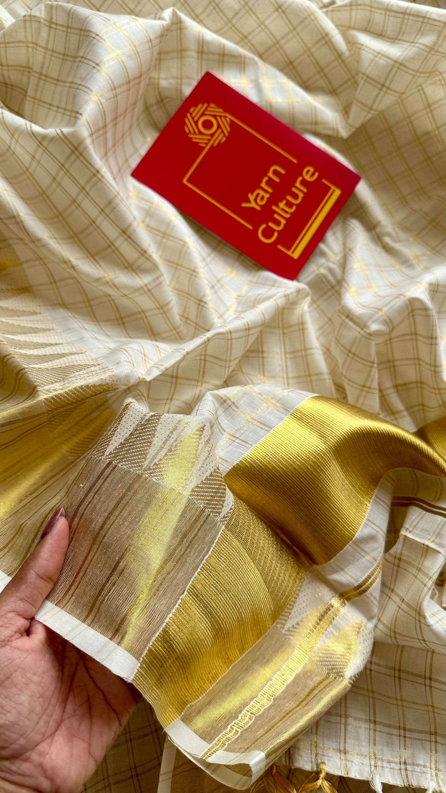 Ivory and gold kerala kasavu saree, checkered, temple border - YCIEON46