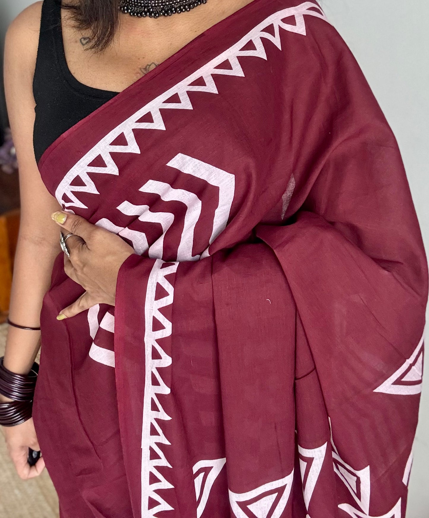 Maroon with white geometric prints, soft cotton - YCTORCMA01
