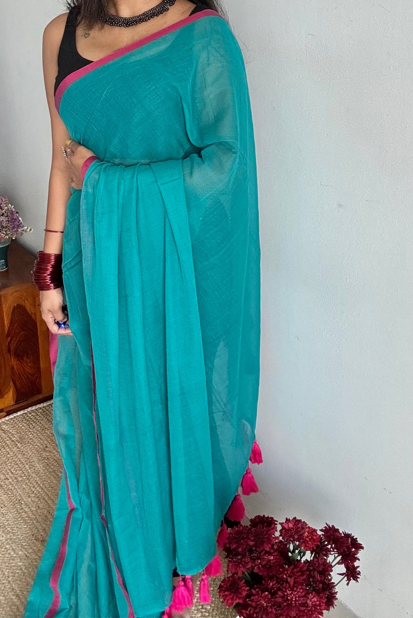 Dark cyan with ruby red border mul cotton saree - YCBCMCFE223