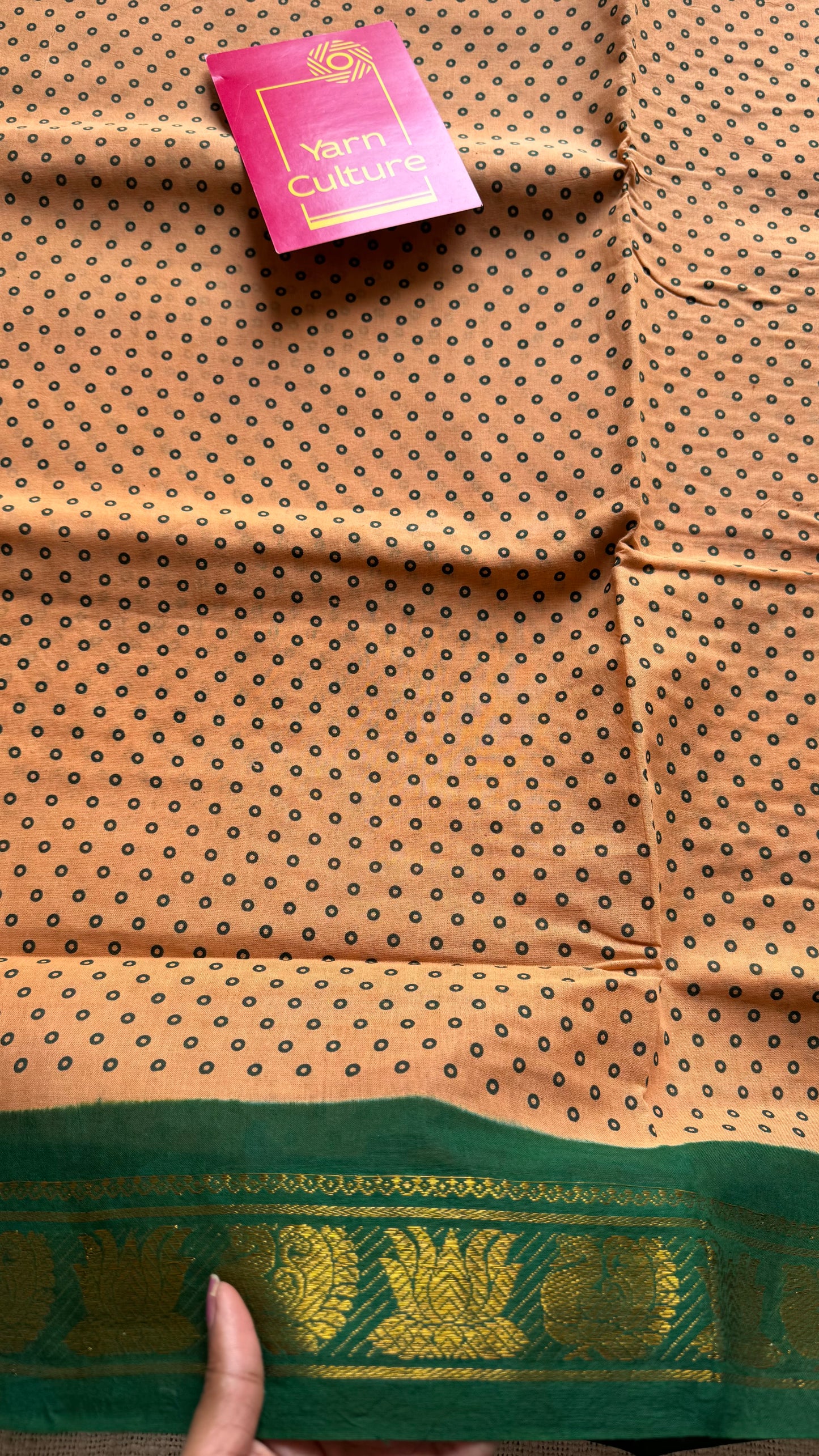 Peach with green, kattuchayam dyed madurai sungudi cotton saree - YCCOTNMSFE03