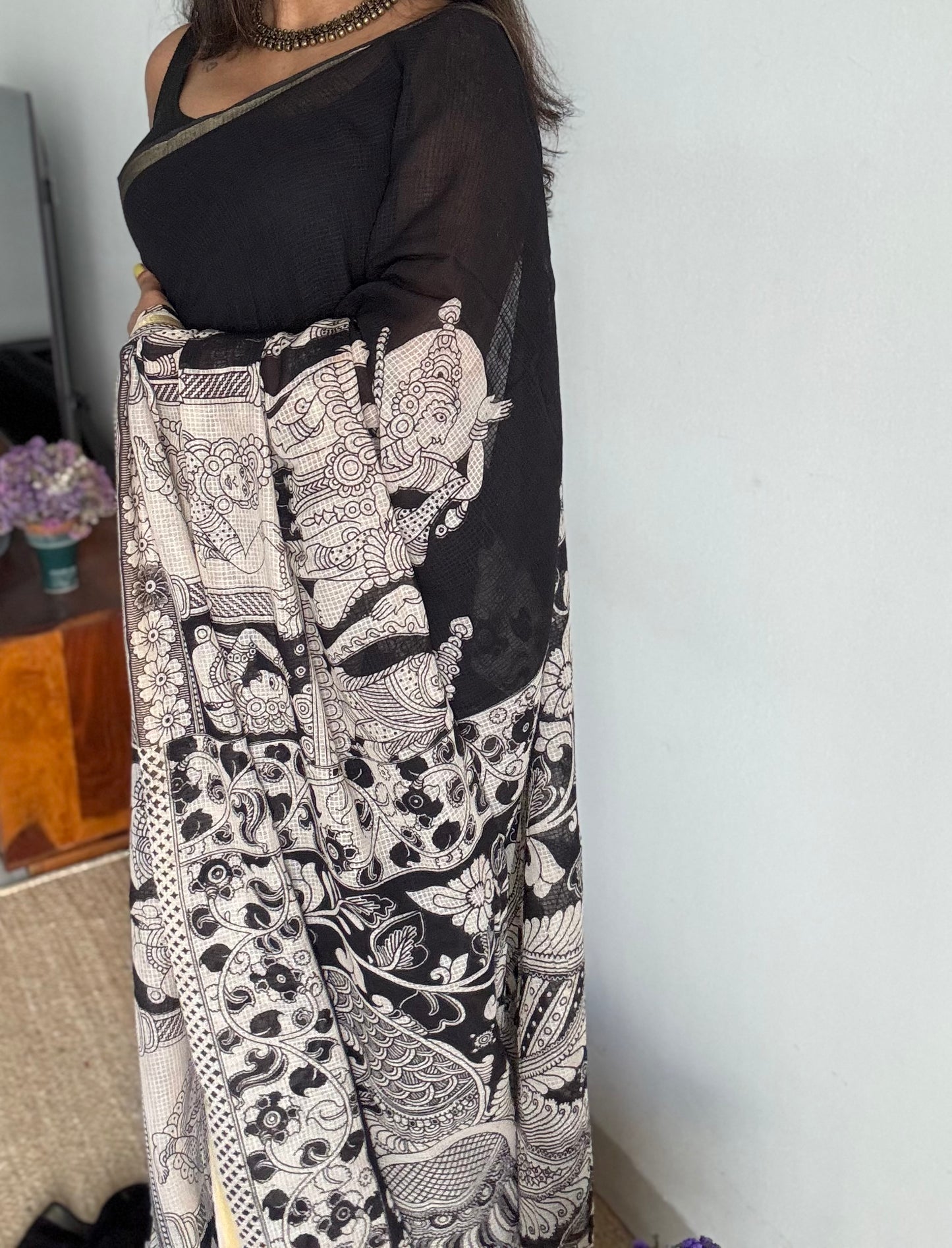 Black cream kalamkari saree in kota, with zari border - YCWOTDKKFE15
