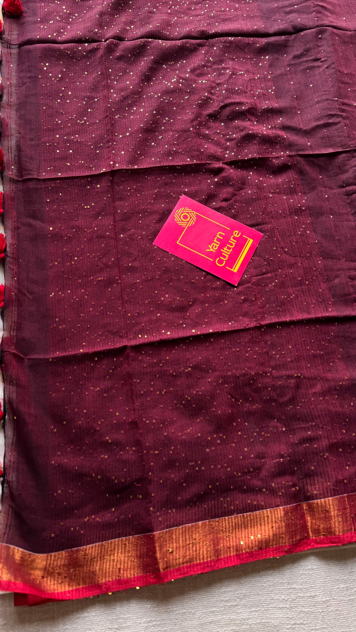 Maroon mul cotton saree with sequins and zari border - YCBCMCSE30
