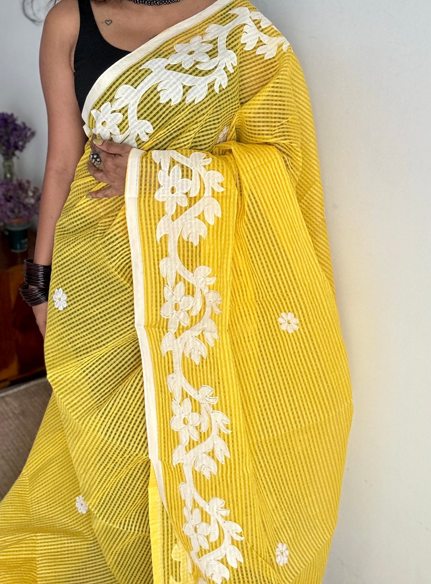 Aam Ras - yellow kota saree with white floral cut work - YCTORKDAP16