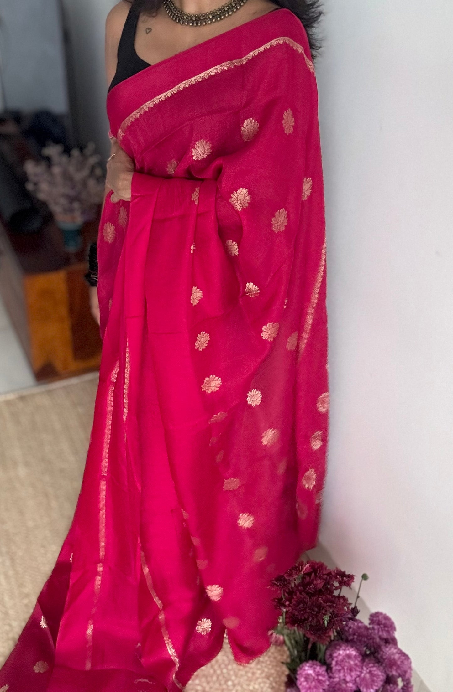 Rani pink in khadi silk, zari motifs - YCDOSFE18