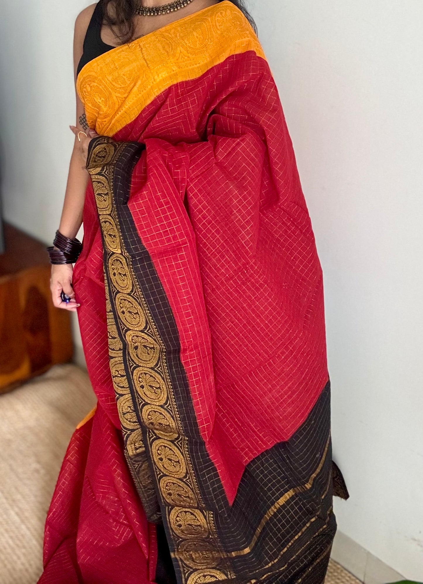 Sungudi cotton checks, red base, yellow and black dual tone border, soft cotton - YCCOTNMSJUL10