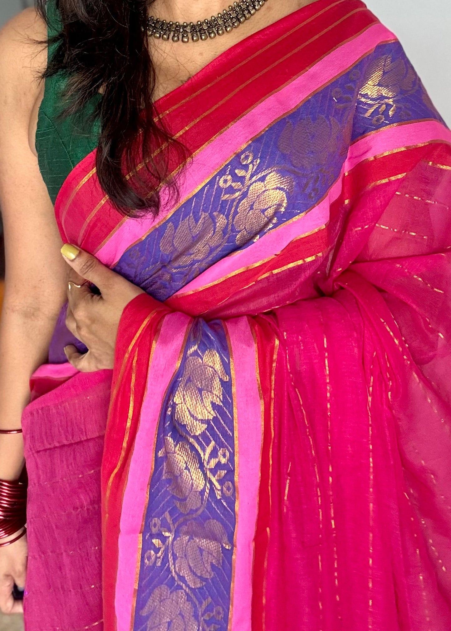 Rani pink mul with red and purple brocade border - YCBCMCNO71