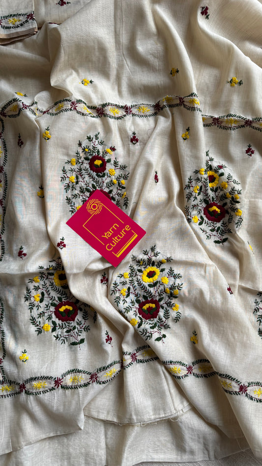Ivory maheshwari cotton silk blend with yellow and maroon floral kantha threadwork - YCBLJULMK07